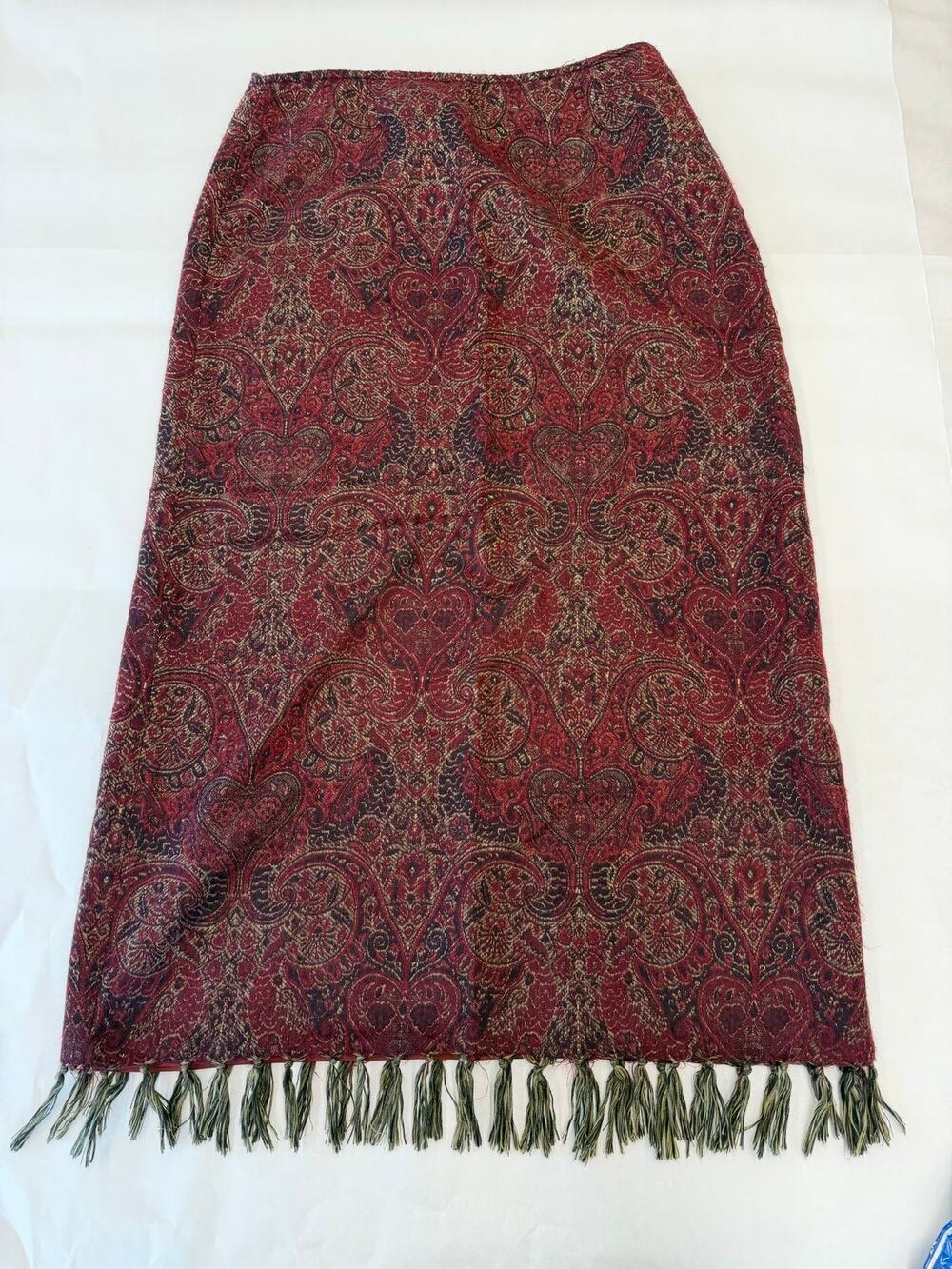 Vintage Whimsigoth Paisley Fringe Midi Skirt Boho Burgundy Tapestry Autumn
